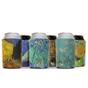 wirester can cooler sleeves for soda beer can drinks, 6 pack - almond blossom + cafe terrace at night + irises + the starry night moon + mulberry + sunflowers blue by van gogh