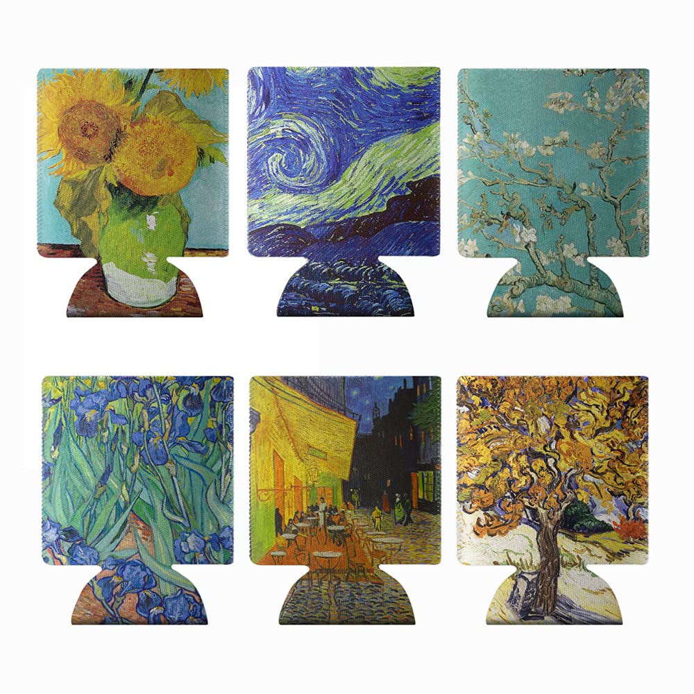 WIRESTER Can Cooler Sleeves for Soda Beer Can Drinks, 6 Pack - Almond Blossom + Cafe Terrace At Night + Irises + The Starry Night Moon + Mulberry + Sunflowers Blue By Van Gogh