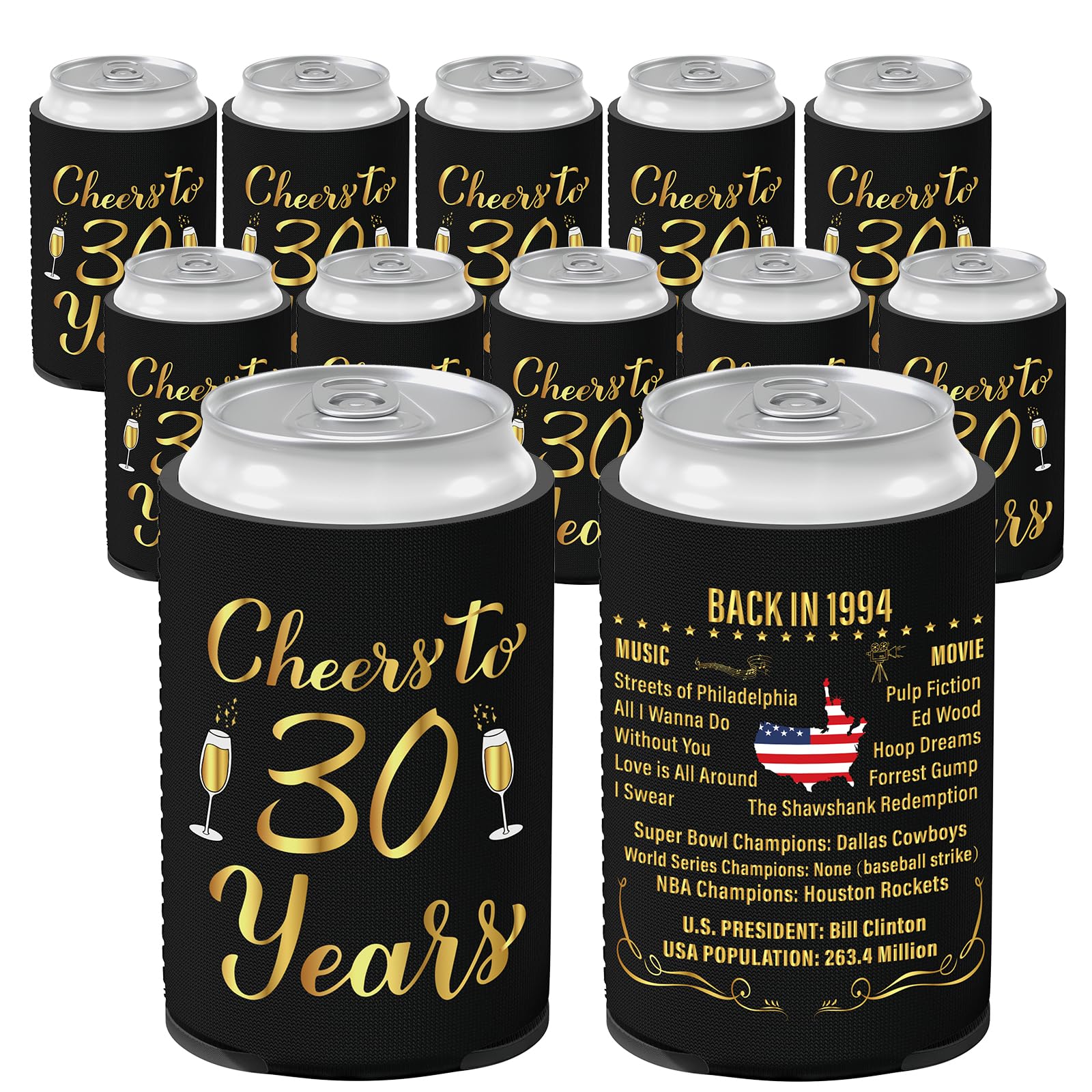 Xumbtvs 30th Birthday Decorations for Women and Men, Vintage 1994 Birthday Decor, Thirty Year Old Birthday Party Supplies, 12 Pcs Neoprene Can Cooler Sleeves for Soda, Beer, Beverage