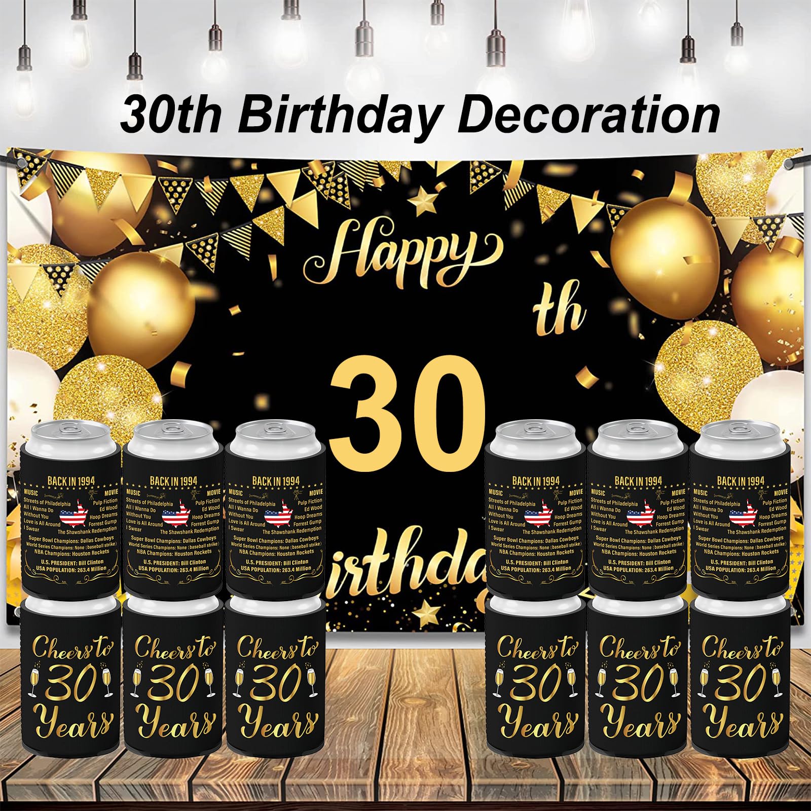 Xumbtvs 30th Birthday Decorations for Women and Men, Vintage 1994 Birthday Decor, Thirty Year Old Birthday Party Supplies, 12 Pcs Neoprene Can Cooler Sleeves for Soda, Beer, Beverage