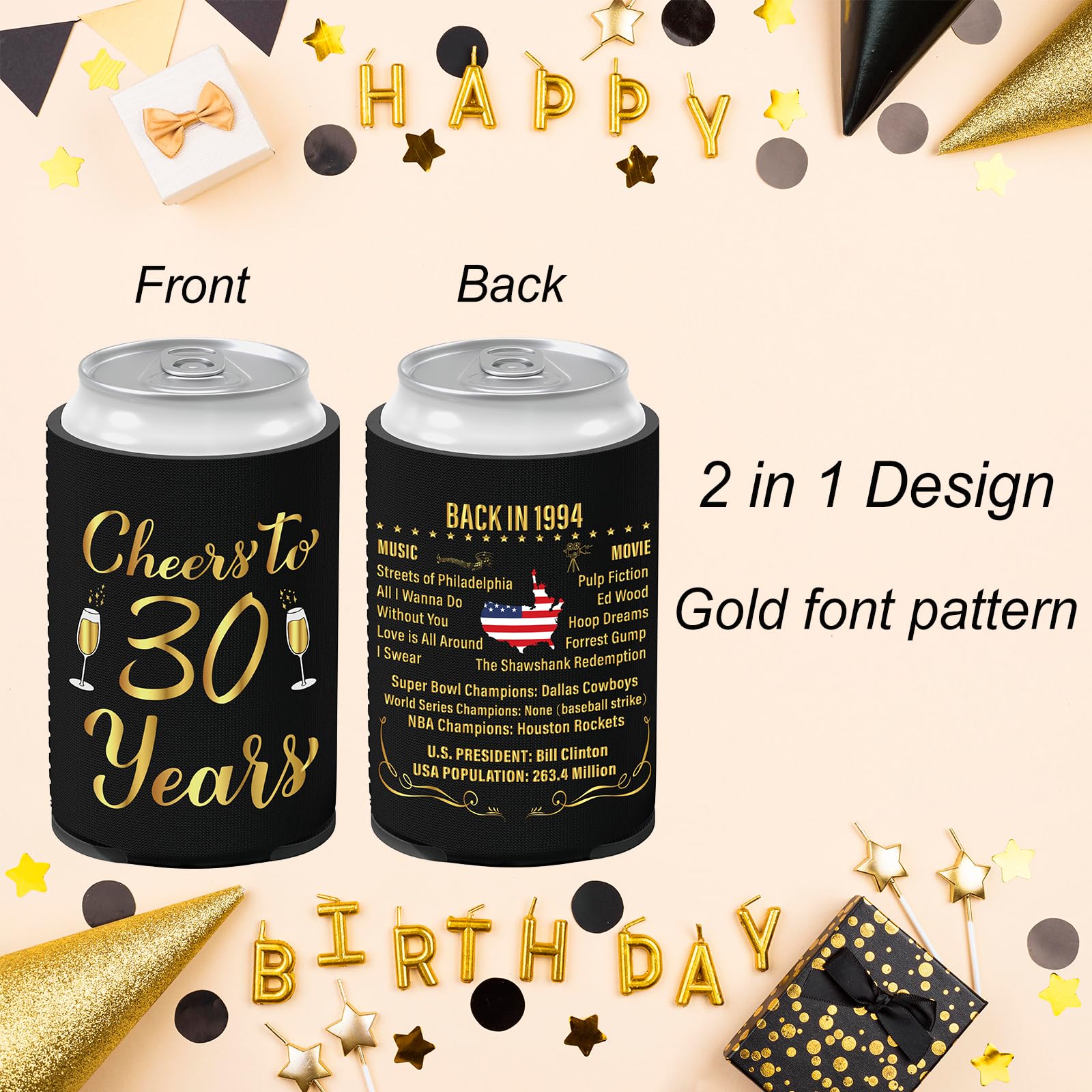 Xumbtvs 30th Birthday Decorations for Women and Men, Vintage 1994 Birthday Decor, Thirty Year Old Birthday Party Supplies, 12 Pcs Neoprene Can Cooler Sleeves for Soda, Beer, Beverage