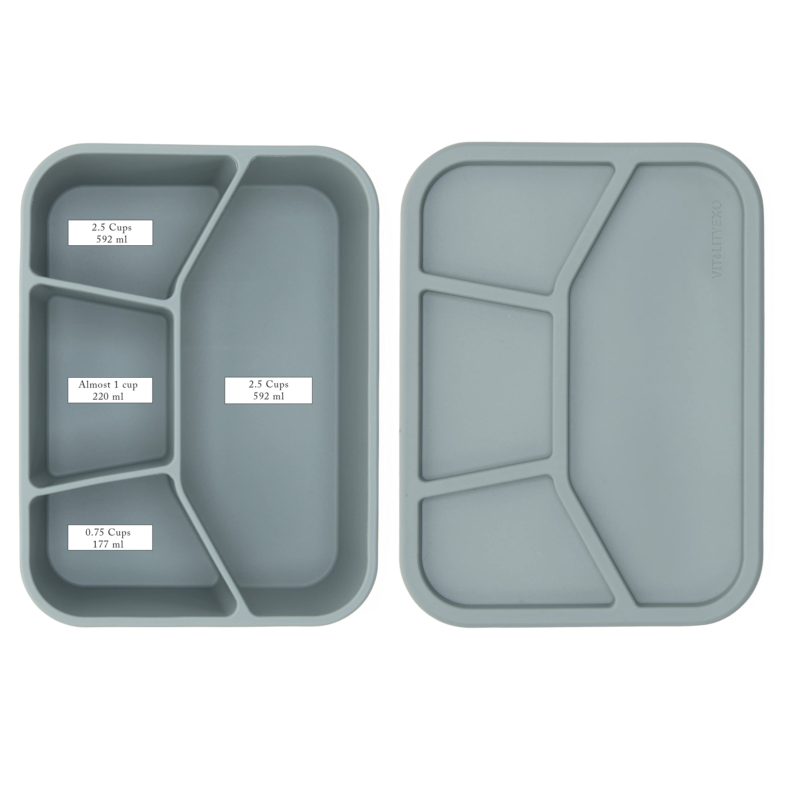 VitalityEXO Eco Friendly 4 Compartment Silicone Lunch Box for Adults and Kids Microwave Dishwasher and Freezer Safe with Separate Compartments Leakproof BPA-Free PVC-Free Bento Box (GREY)
