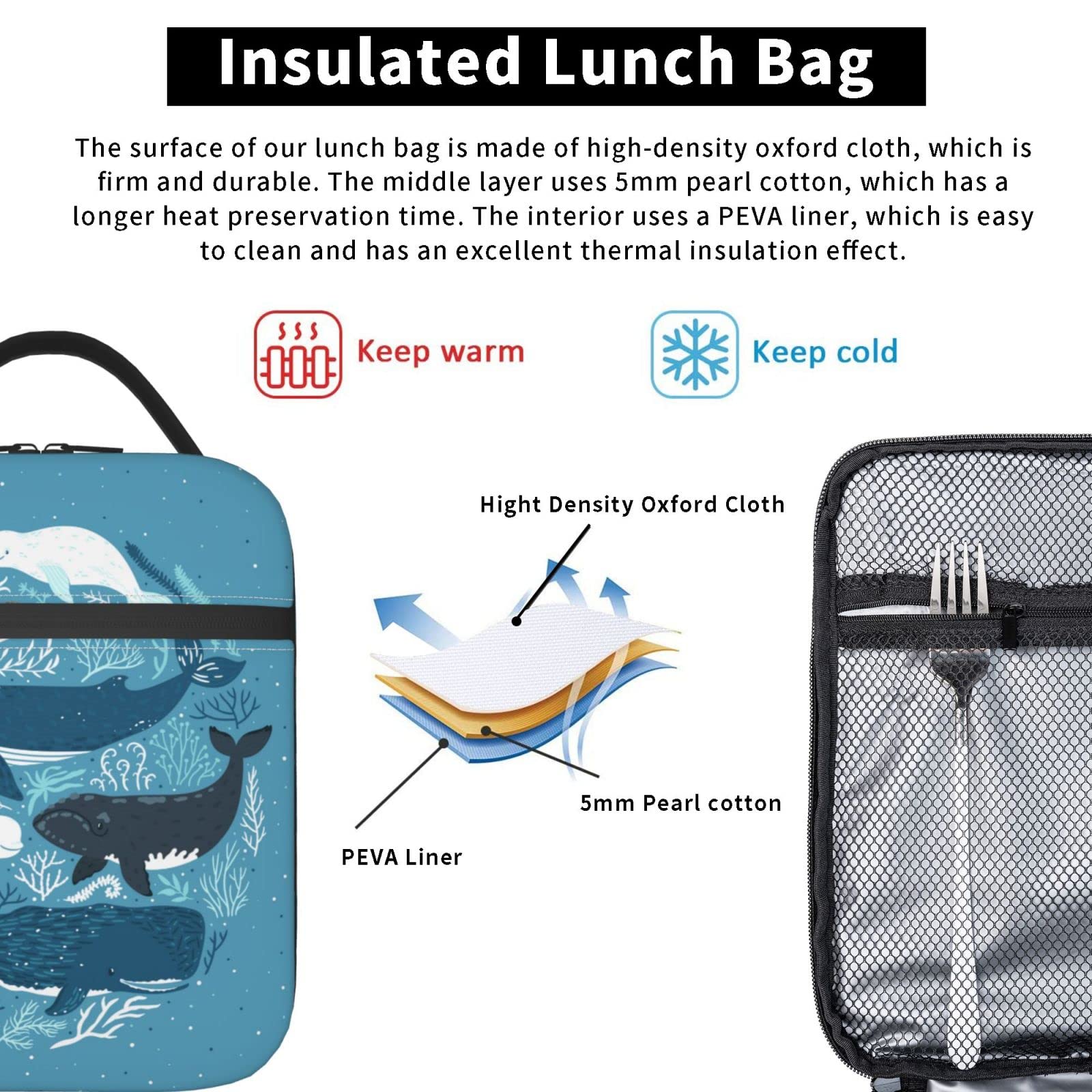Echoserein Ocean Whale Sea Animals Lunch Bag Insulated Lunch Box Reusable Lunchbox Waterproof Portable Lunch Tote For Men Boys