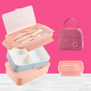 bento boxes for adults, 1400 ml bento lunch box with utensils for kids,insulated lunch bag, suitable for dining out 3-grid leak proof, food-safe materials(pink with bag)