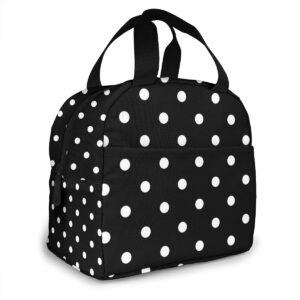 black and white polka dot portable insulated lunch tote bag reusable lunch box for men, women and kids