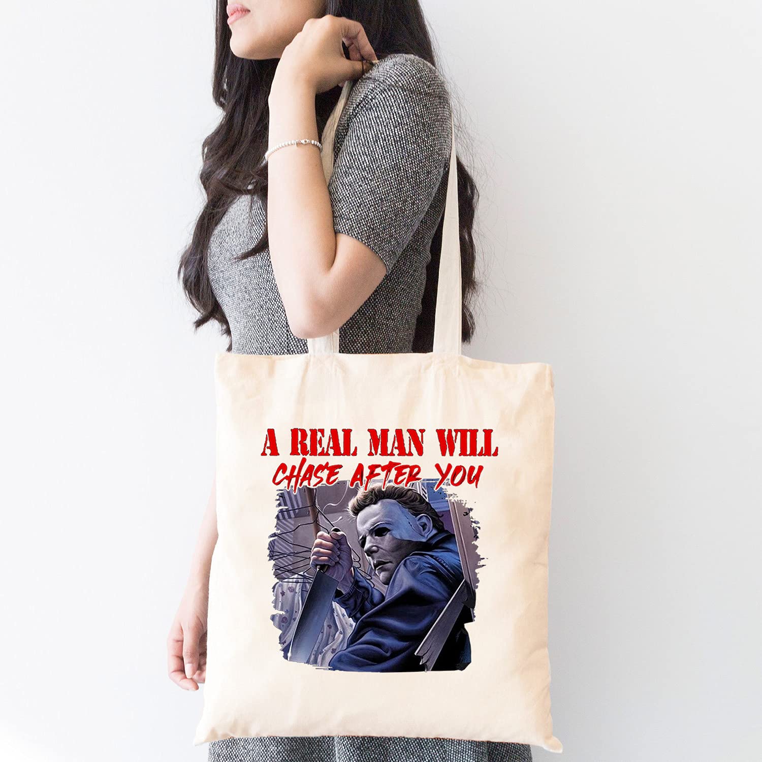 Michael Myers a Real Man Will Chase After You Canvas Tote Bag Halloween Horror Reusable Shopping Bag 15.8 x 13.5 inches
