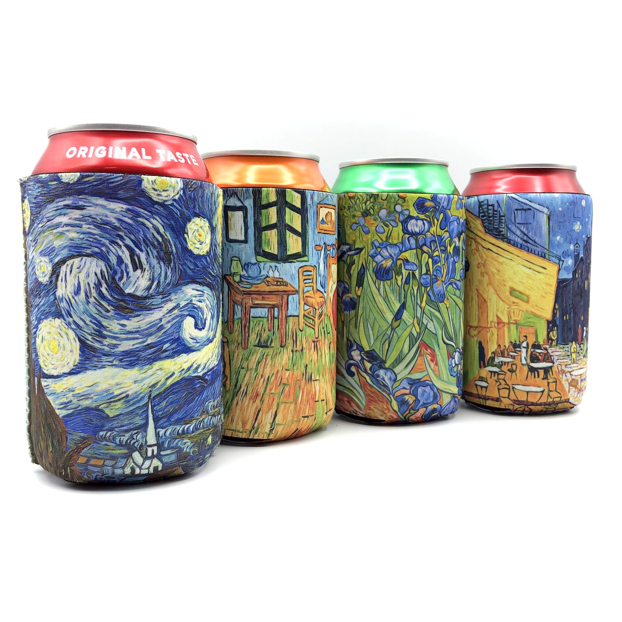 EXIT82ART - Insulated Neoprene Can Coolers, Set of 4, Van Gogh Paintings, Fits 12 oz Cans and Longnecks, Collapsible, Dishwasher Safe.