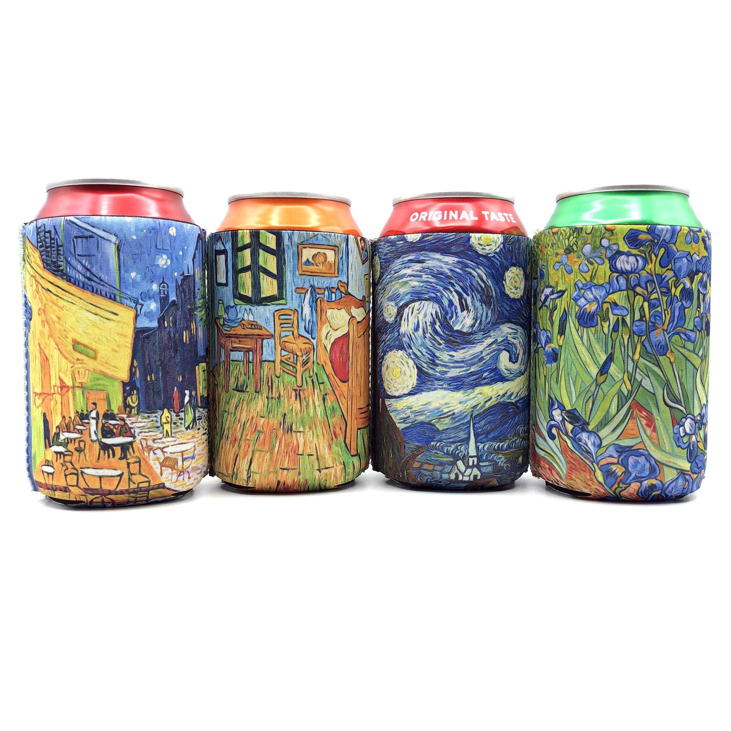 EXIT82ART - Insulated Neoprene Can Coolers, Set of 4, Van Gogh Paintings, Fits 12 oz Cans and Longnecks, Collapsible, Dishwasher Safe.