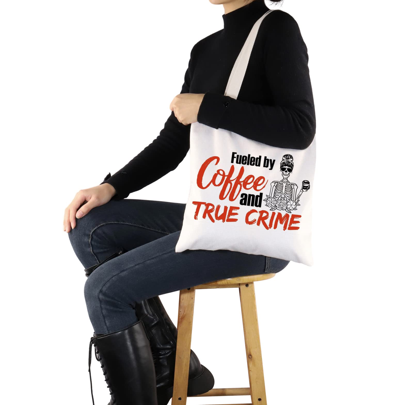 G2TUP True Crime Junkie Gift Fueled by Coffee and True Crime Reusable Canvas Tote Bag Crime Show Gift Murder Show Handbag (Coffee and True Crime Handbag)