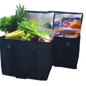 1 Click 2 Pack Insulated Reusable Grocery Bags, Extra Large, Foldable, Stands Upright, Sturdy Zipper, Washable, Reinforced Handles