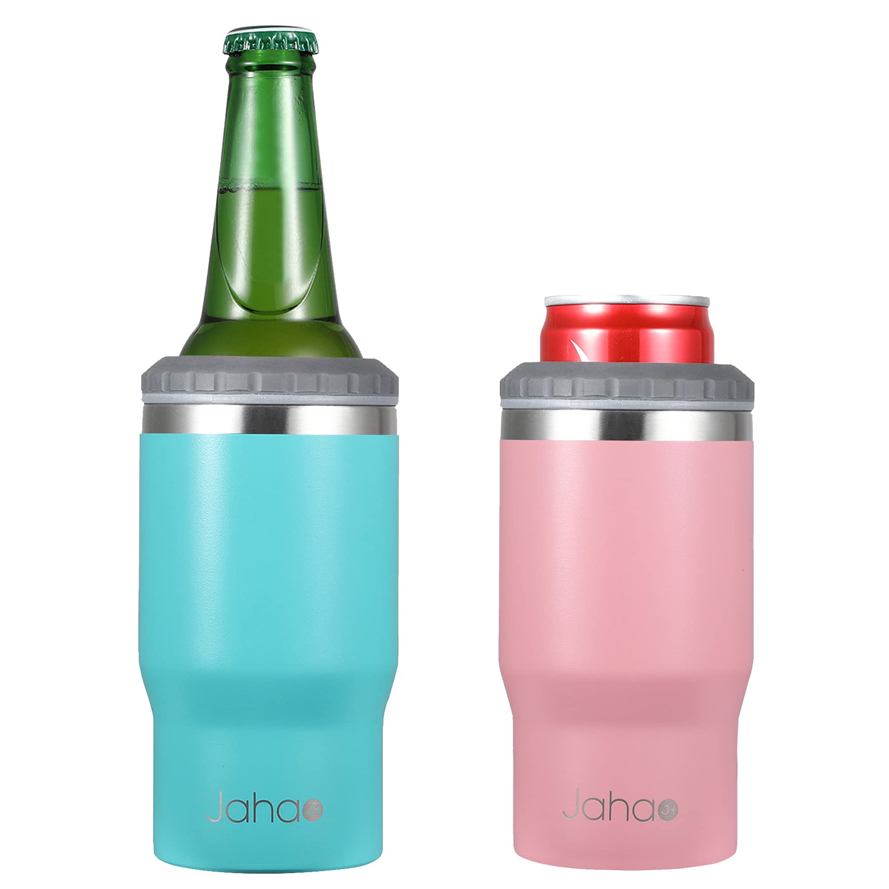 Jahao 4-in-1 Can Cooler, Stainless Steel Double-Wall Vacuum Insulated Beer Cooler/Can Holder/Slim Can Coolers for 12oz Cans, Slim Cans and Beer Bottles, or as a 14oz Coffee Mug