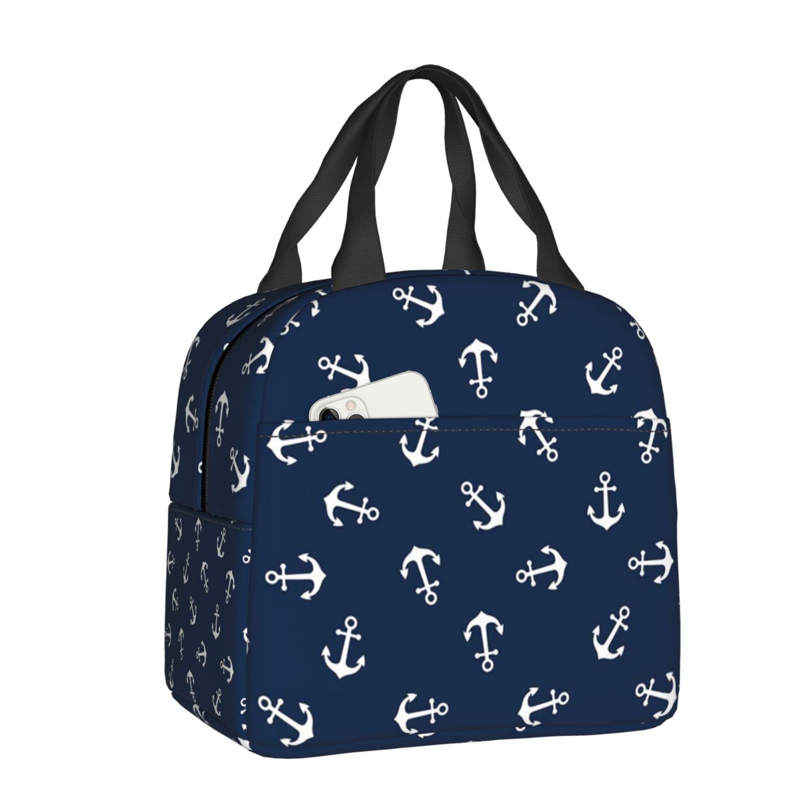 QIUWIOV Anchor Navy Lunch Bag Insulated Reusable Lunch Box Thermal Tote Bag Container Cooler Bag for Women One Size