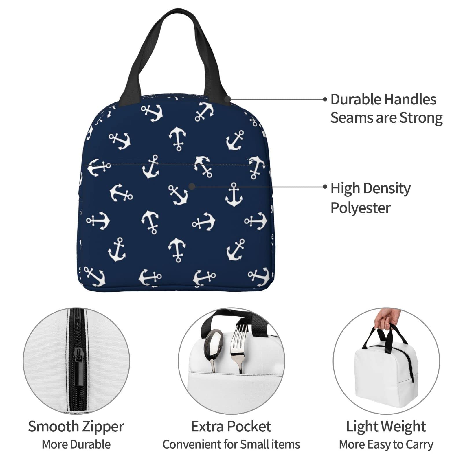 QIUWIOV Anchor Navy Lunch Bag Insulated Reusable Lunch Box Thermal Tote Bag Container Cooler Bag for Women One Size