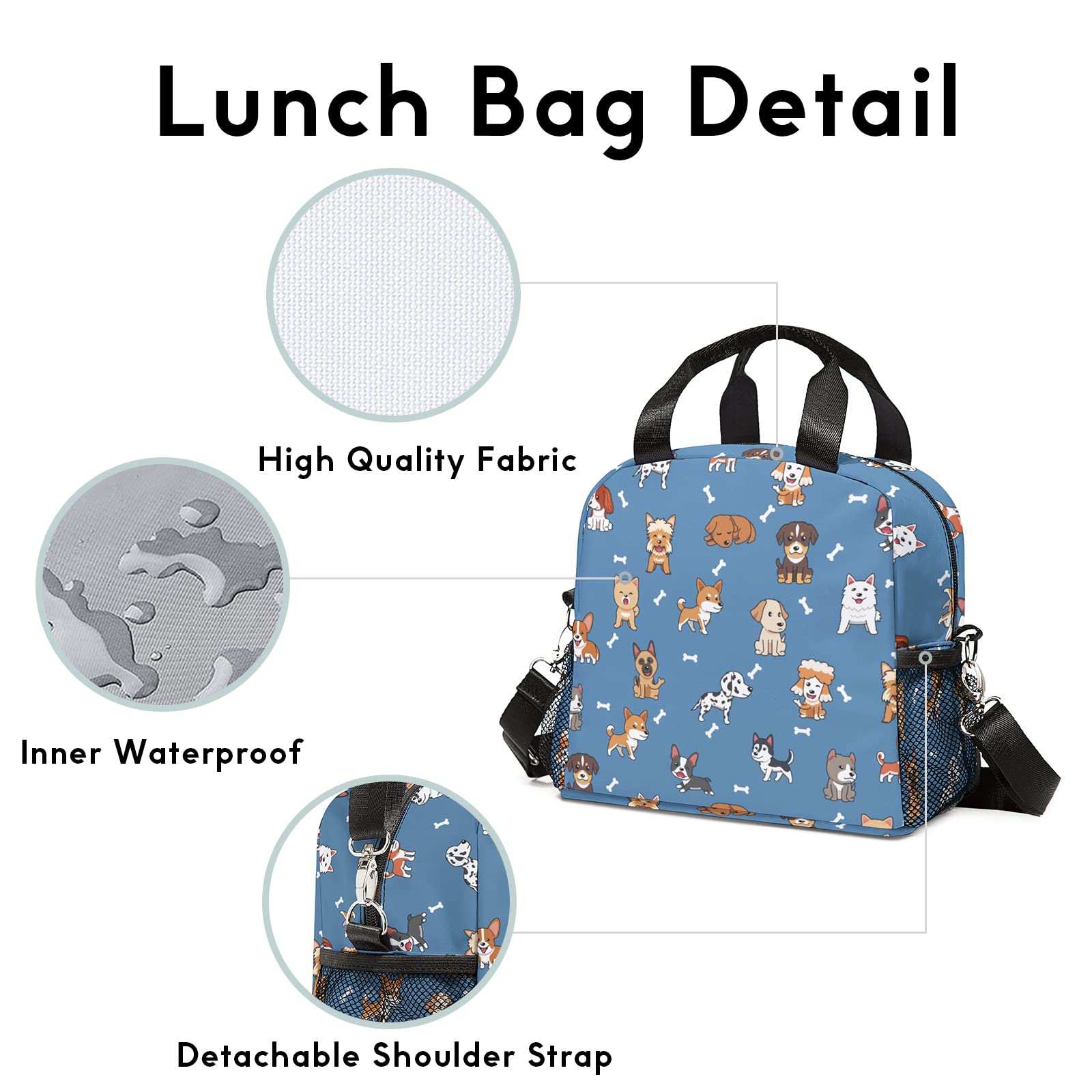 Roftidzo Lunch Bag for Boys Girls Men Women, Reusable Insulated Tote for Picnic Camping Office Work, Adjustable Shoulder Strap, 10x6x8 Inches