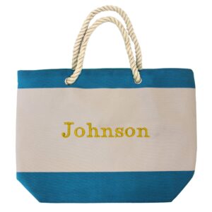 the wedding party store monogrammed beach tote bag with zipper, pockets, name or initial - custom personalized (royal blue)