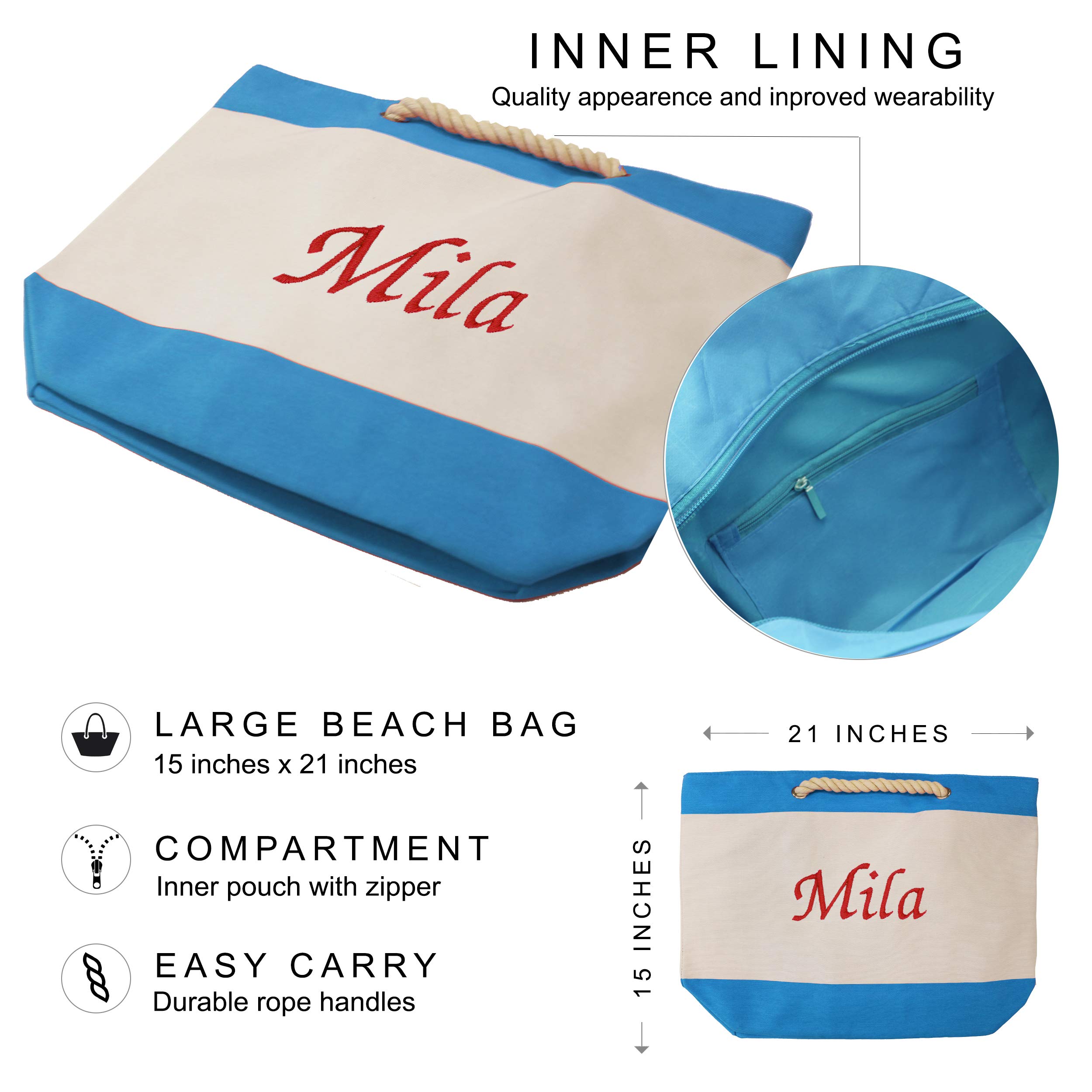 The Wedding Party Store Monogrammed Beach Tote Bag with Zipper, Pockets, Name or Initial - Custom Personalized (Royal Blue)