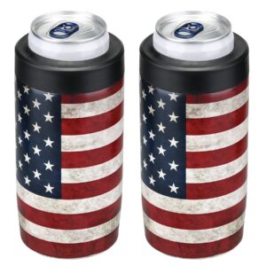 2 pack beer can cooler, 4-in-1 can insulators for 12 oz drinks, double wall stainless steel can sleeves keep your beverages cold (american flag)