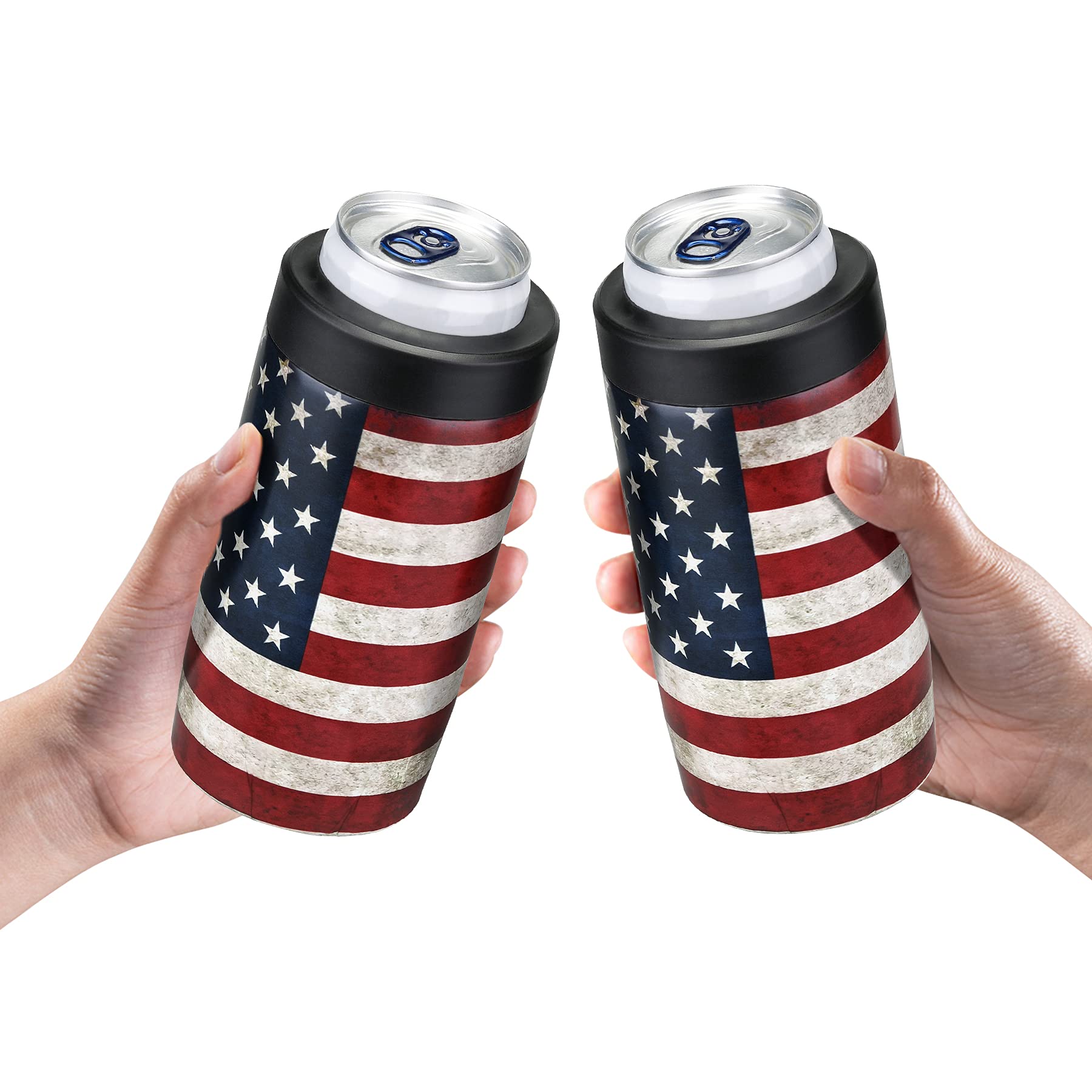 2 Pack Beer Can Cooler, 4-IN-1 Can Insulators for 12 Oz Drinks, Double Wall Stainless Steel Can Sleeves Keep Your Beverages Cold (American Flag)