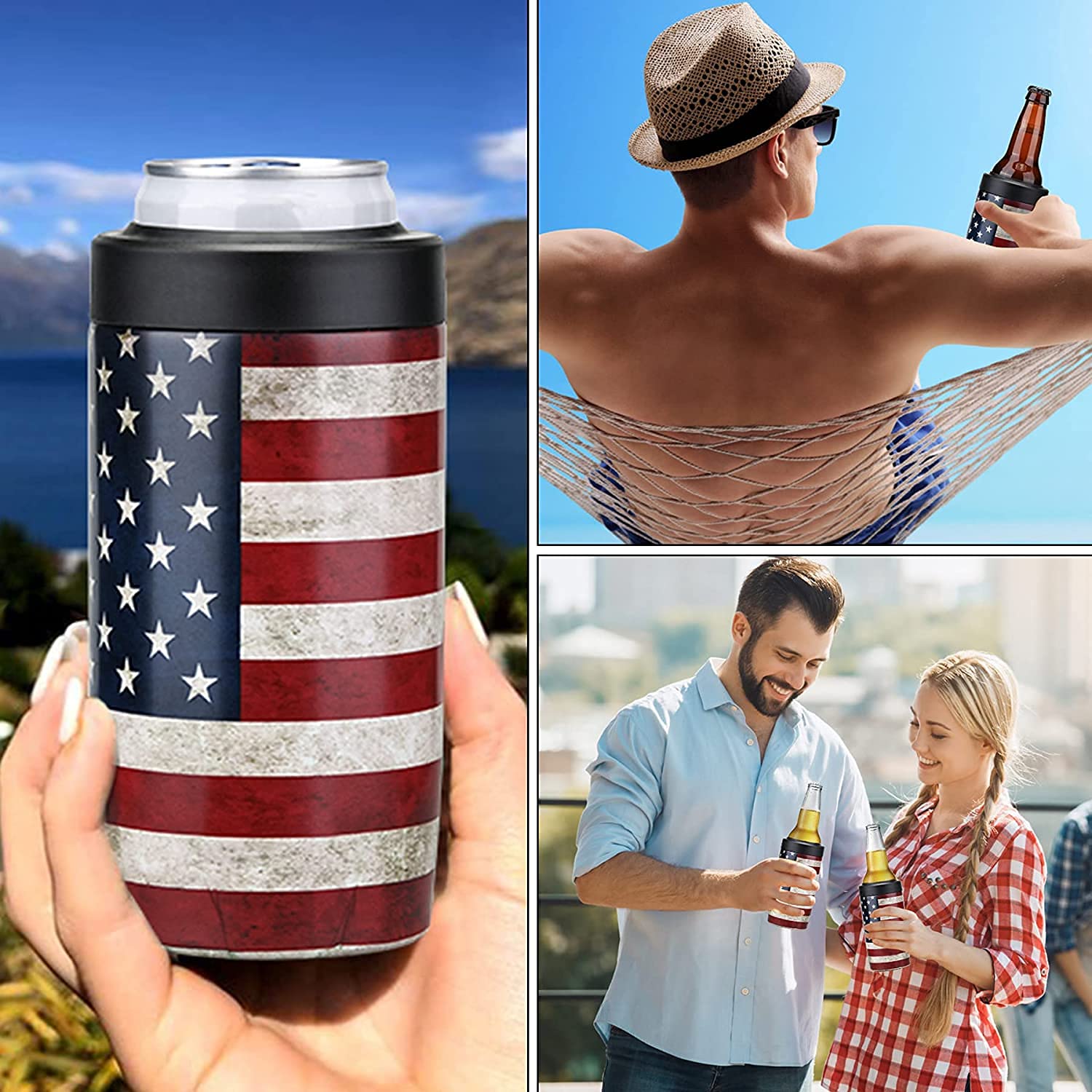 2 Pack Beer Can Cooler, 4-IN-1 Can Insulators for 12 Oz Drinks, Double Wall Stainless Steel Can Sleeves Keep Your Beverages Cold (American Flag)