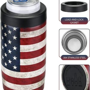 2 Pack Beer Can Cooler, 4-IN-1 Can Insulators for 12 Oz Drinks, Double Wall Stainless Steel Can Sleeves Keep Your Beverages Cold (American Flag)