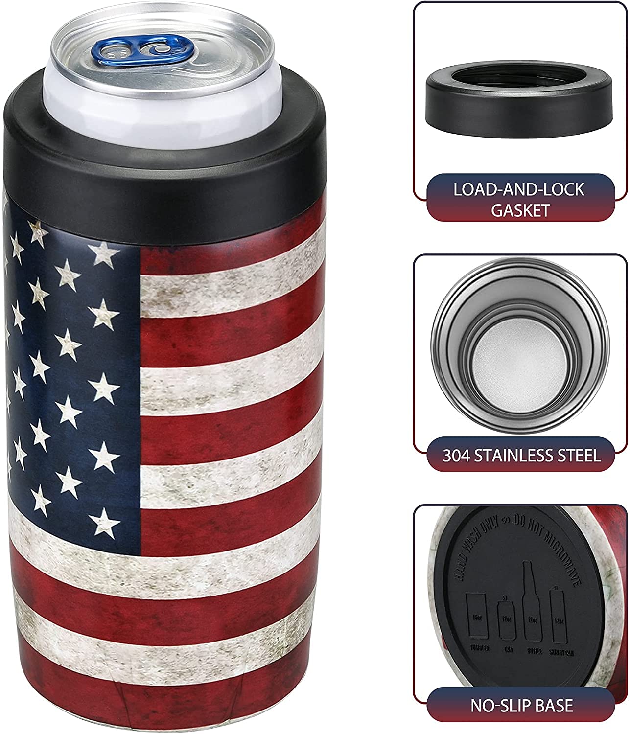 2 Pack Beer Can Cooler, 4-IN-1 Can Insulators for 12 Oz Drinks, Double Wall Stainless Steel Can Sleeves Keep Your Beverages Cold (American Flag)