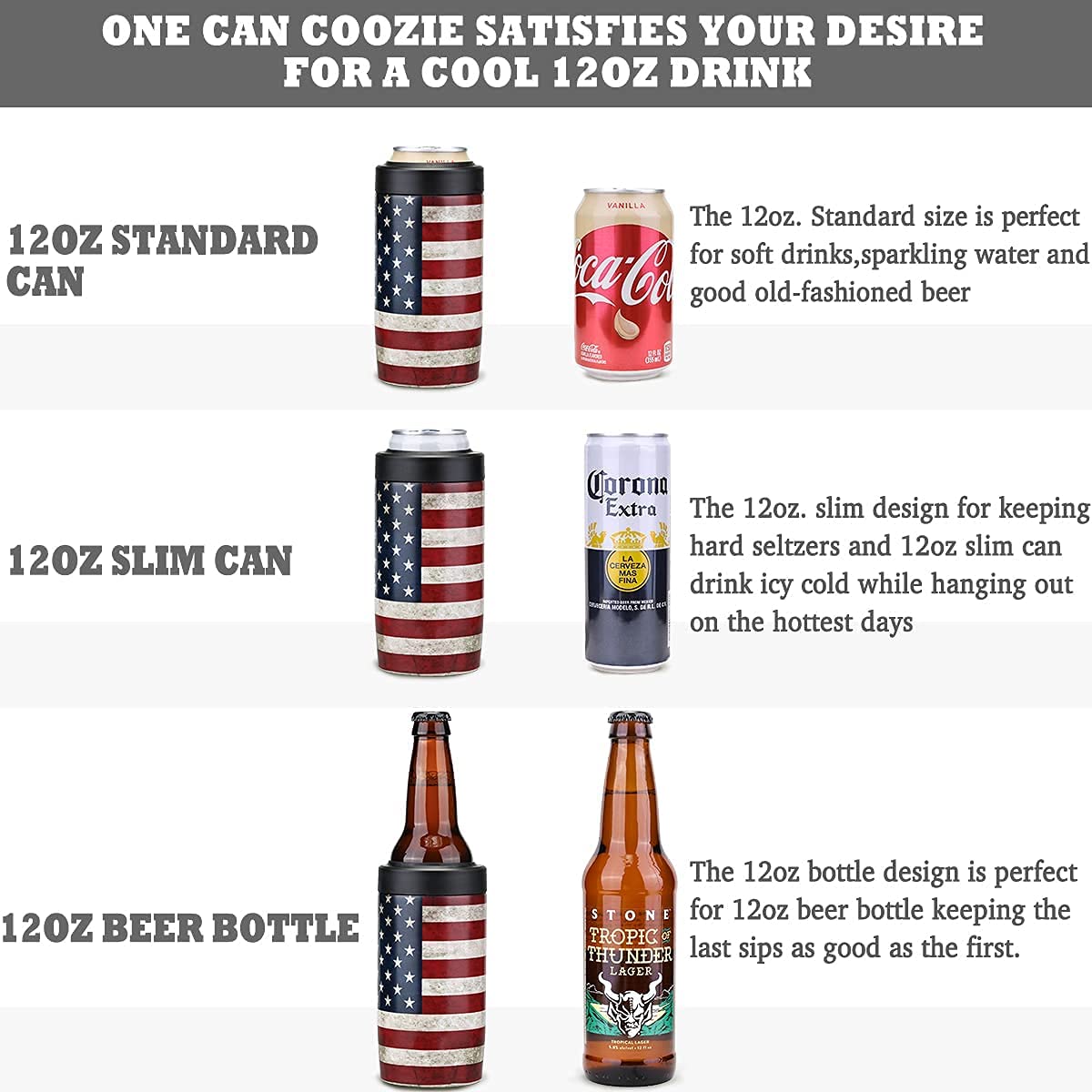 2 Pack Beer Can Cooler, 4-IN-1 Can Insulators for 12 Oz Drinks, Double Wall Stainless Steel Can Sleeves Keep Your Beverages Cold (American Flag)