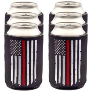 firefighter gifts for men - thin red line beverage can cooler sleeves, fireman gifts, insulated beer holder with red stripe american flag, fire department gift ideas, fire fighter accessory, 6-pack