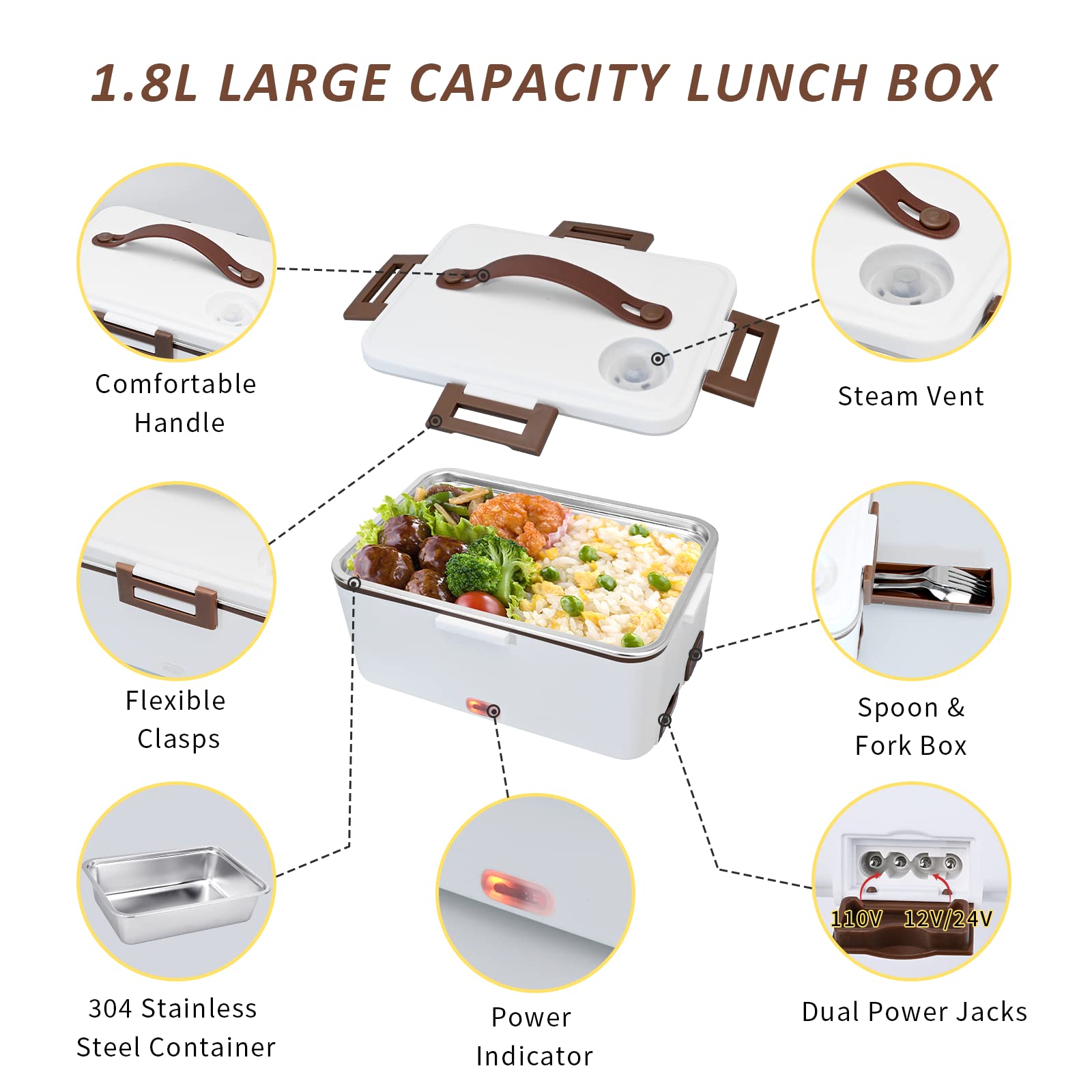 80W Electric Lunch Box Fast Food Warmer Heater, 1.8L Portable 3 in 1 Portable Microwave 12V 24V 110V for Car Truck & Home Hot Meals Boxes Heater, 304 Stainless Steel container with Thermal Bag