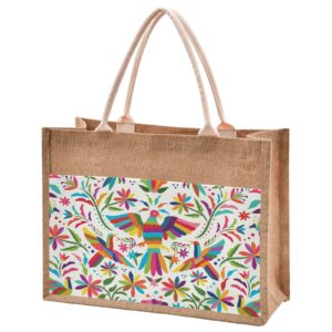 eionryn mexican otomi birds floral jute tote bag reusable grocery shopping bag burlap beach bag market bags with handle for wedding party gift diy 16.9 x 12.6 x 7.1 inch