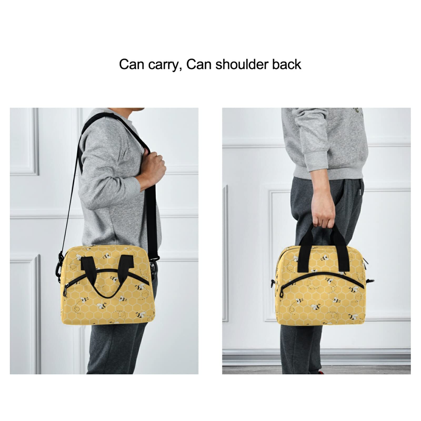 Honeycomb Animal Bee Lunch Bag Reusable Lunch Tote Bag Thermal Cooler Bag Insulated Lunch Box with Adjustable Shoulder Strap for Office School Outdoor Picnic