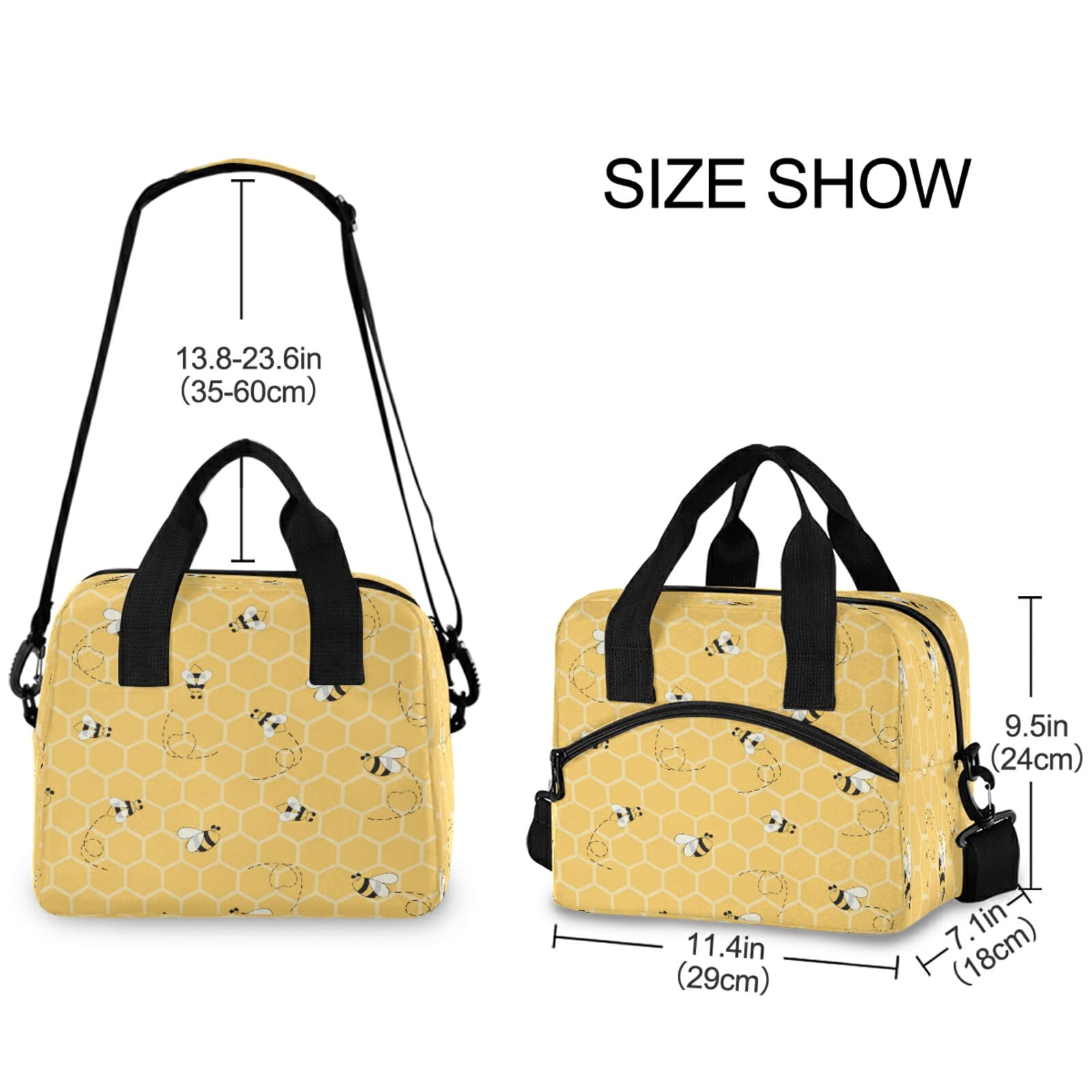 Honeycomb Animal Bee Lunch Bag Reusable Lunch Tote Bag Thermal Cooler Bag Insulated Lunch Box with Adjustable Shoulder Strap for Office School Outdoor Picnic