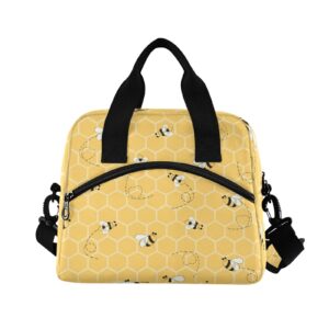 Honeycomb Animal Bee Lunch Bag Reusable Lunch Tote Bag Thermal Cooler Bag Insulated Lunch Box with Adjustable Shoulder Strap for Office School Outdoor Picnic