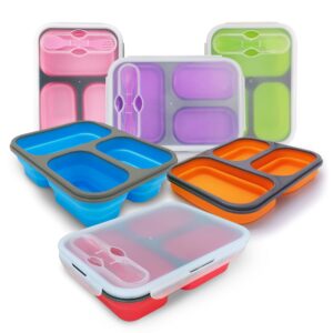 exclusivo bolsillo foldable bento lunch box (6pcs) for women men with spork & lid bpa free,collapsible and leakproof space saving food storage containers with 3 compartments(6 color pack)