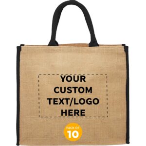 discount promos custom fresno eco friendly jute tote bags set of 10, personalized bulk pack - reusable, great for tradeshows, grocery, shopping and outdoor events - black