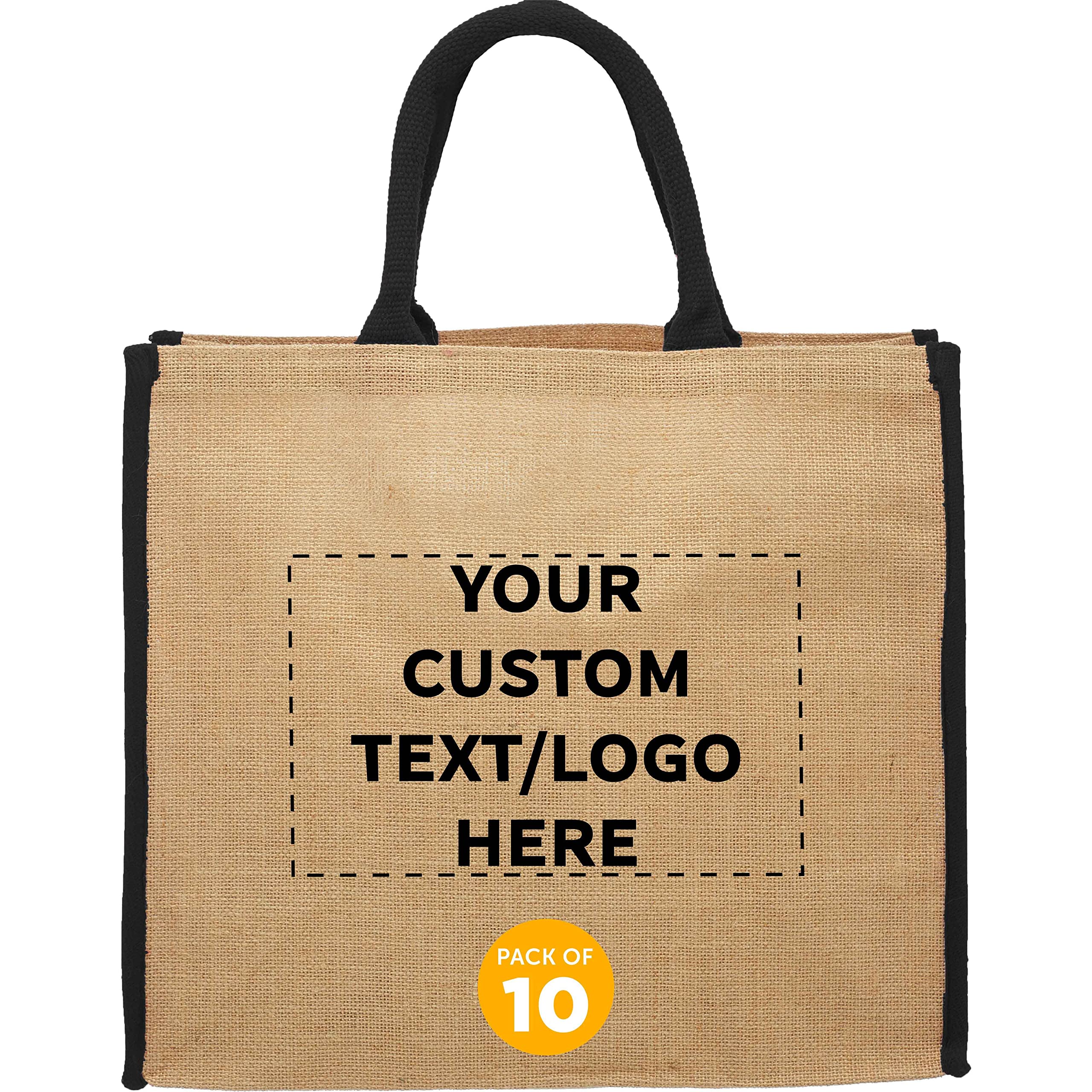 DISCOUNT PROMOS Custom Fresno Eco Friendly Jute Tote Bags Set of 10, Personalized Bulk Pack - Reusable, Great for Tradeshows, Grocery, Shopping and Outdoor Events - Black