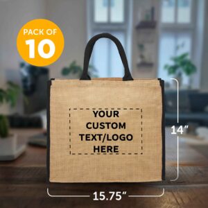 DISCOUNT PROMOS Custom Fresno Eco Friendly Jute Tote Bags Set of 10, Personalized Bulk Pack - Reusable, Great for Tradeshows, Grocery, Shopping and Outdoor Events - Black