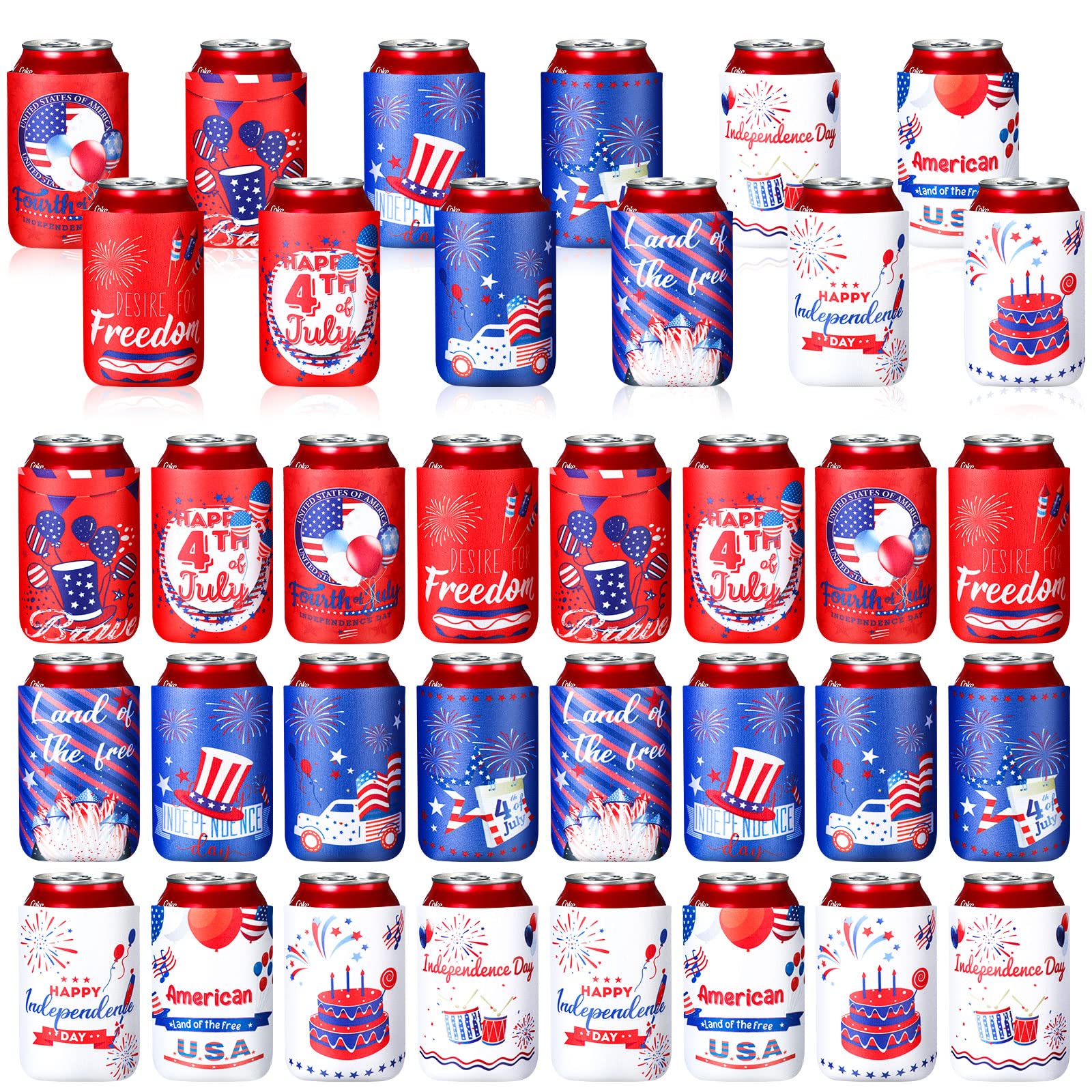 36 Pieces Independence Day Can Cooler Sleeve 4th of July Thermocoolers Collapsible Neoprene Bottle Insulators American Flag Can Cooler Sleeve Patriotic Drink Cooler for 12oz Drink Party Supplies