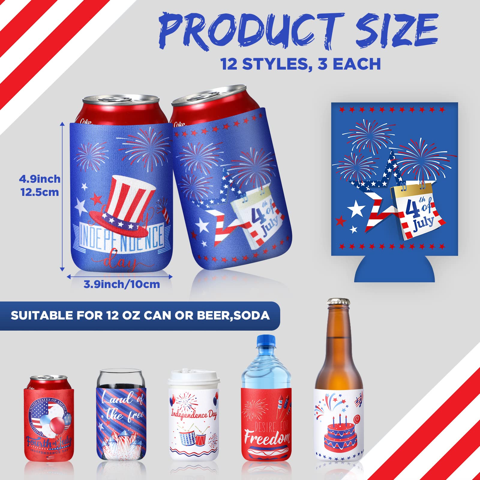 36 Pieces Independence Day Can Cooler Sleeve 4th of July Thermocoolers Collapsible Neoprene Bottle Insulators American Flag Can Cooler Sleeve Patriotic Drink Cooler for 12oz Drink Party Supplies