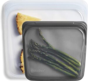 stasher silicone reusable storage bag, 2 sandwich (clear + ash) | food meal prep storage container | lunch, travel, makeup, gym bag | freezer, oven, microwave, dishwasher safe, leakproof