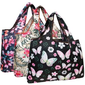 bowbear foldable nylon reusable shopping grocery bag (set of 3), butterflies & hibiscus