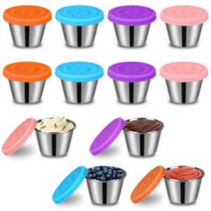 12pcs salad dressing container to go 2.5oz stainless steel condiment containers with lids reusable small dipping sauce cups set fits in bento box lunch box picnic travel easy open, leakproof