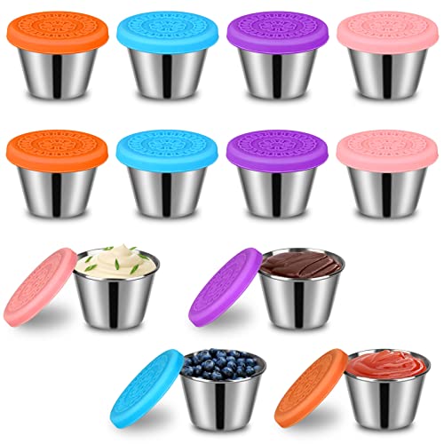 12Pcs Salad Dressing Container To Go 2.5oz Stainless Steel Condiment Containers with Lids Reusable Small Dipping Sauce Cups Set Fits in Bento Box Lunch Box Picnic Travel Easy Open, Leakproof