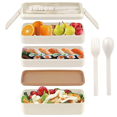 ASYH Bento Box Lunch Box, 3-In-1 Compartment Meal Prep Stackable Containers 1000ML, Japanese Style Lunch Box with Fork and Spoon for Adults Office, Microwave Safe (Khaki)