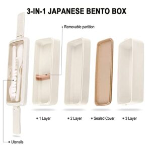 ASYH Bento Box Lunch Box, 3-In-1 Compartment Meal Prep Stackable Containers 1000ML, Japanese Style Lunch Box with Fork and Spoon for Adults Office, Microwave Safe (Khaki)