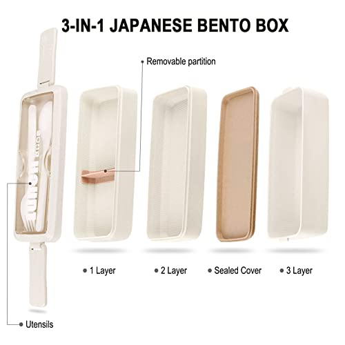 ASYH Bento Box Lunch Box, 3-In-1 Compartment Meal Prep Stackable Containers 1000ML, Japanese Style Lunch Box with Fork and Spoon for Adults Office, Microwave Safe (Khaki)