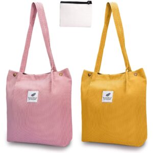 diesisa tote bag, 2-pack canvas tote bag for women + purse, reusable corduroy tote bag shoulder bag with inner zipper pocket for women girls gift - (pink+yellow)