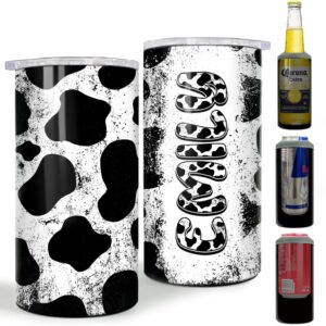 sandjest personalized cow can cooler cowhide doodle 4 in 1 can holder skinny stainless steel tumbler gift for women girl daughter sister animal lovers farm girl christmas birthday