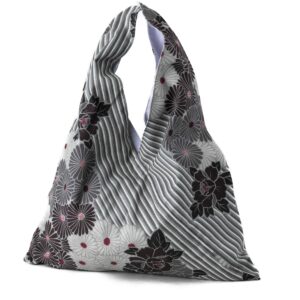 japanese furoshiki tote bag (retro flower - black) kimono bag/made in japan 100% cotton fabric reusable folding bag with pockets