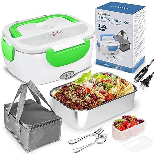 AUTOPkio Electric Lunch Box for Car and Home, 12V 24V 110V Lunchbox Food Heater with 1.5L Removable Stainless Steel Container for Work Office Truck Driver (Green)