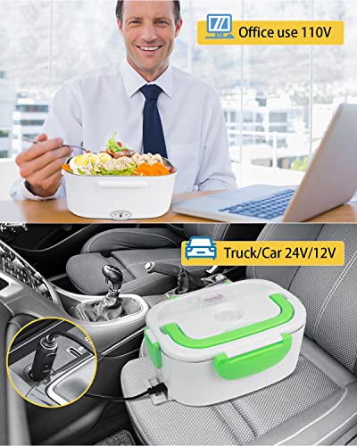 AUTOPkio Electric Lunch Box for Car and Home, 12V 24V 110V Lunchbox Food Heater with 1.5L Removable Stainless Steel Container for Work Office Truck Driver (Green)